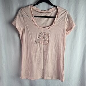 BASS Embellished‎ Embroidered Seashell Pink Cotton Shirt Small Coastal Beach Art